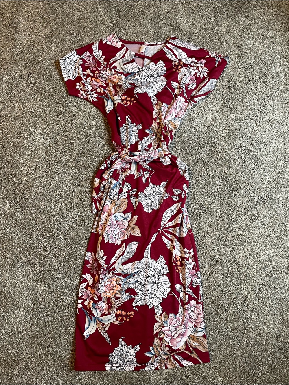 Floral Tie-Waist Midi Dress in Burgundy